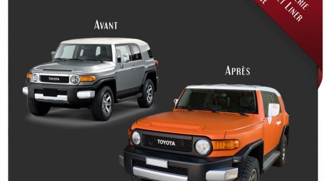 Traitement carrosserie complète Bullet Liner orange, blanc et noir pour ce Toyota FJ Cruiser avec homologation DTC